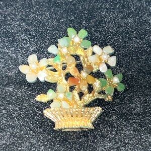Happy Vintage Real Pearl and Genuine Green/Yellow/Red Stone Bouquet Basket